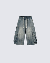 3D Stitch Washed Denim Cargo Shorts