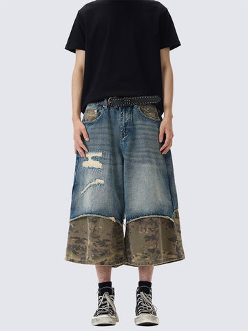 Patchwork Ripped Denim Shorts with Camo Hem