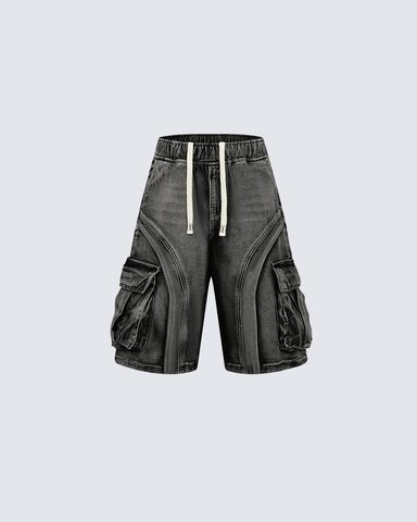 3D Stitch Washed Denim Cargo Shorts