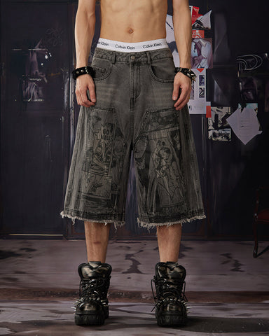 Vintage Graphic Washed Five-Length Denim Shorts