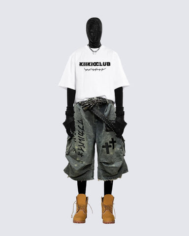 Gothic Washed Denim Shorts with Chains