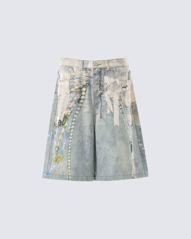 New 3D Chain Print Five-Length Denim Shorts