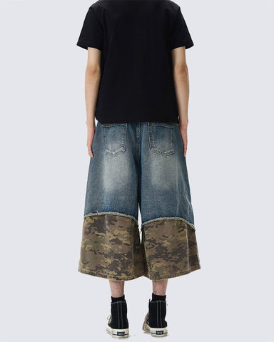 Patchwork Ripped Denim Shorts with Camo Hem