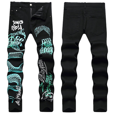 Mens Fashion Jeans Green Snake Street Graffiti 5705#