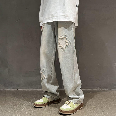 Men Jeans Summer Broken Loose Straight-Leg Wide-Leg Pants