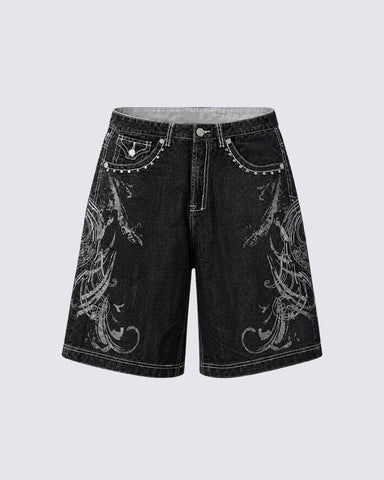 Retro Distressed Heavy-Duty Design Printed Shorts