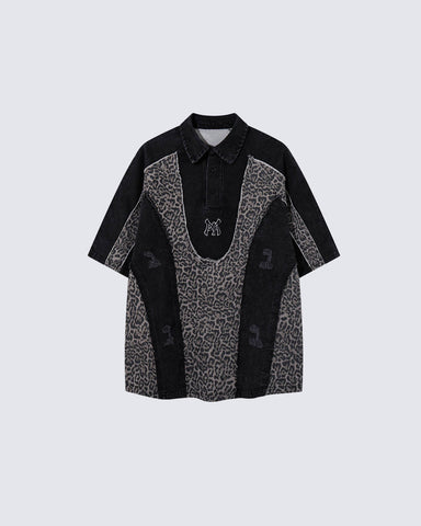 American Retro Leopard Print Patchwork Frayed Short-Sleeved Shirt