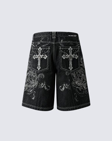 Retro Distressed Heavy-Duty Design Printed Shorts