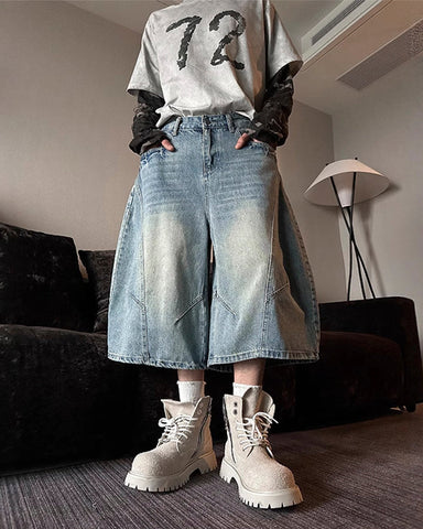 Vintage Washed Seven-Length Denim Pants