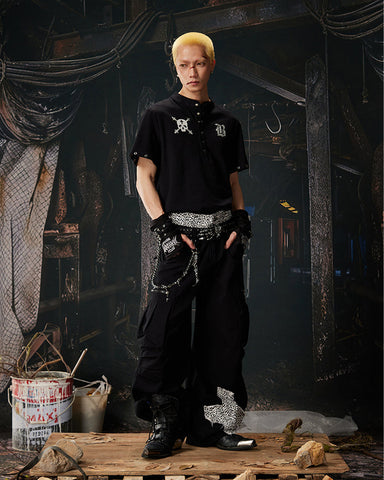 Dark Gothic Skull Print Henley Short Tee New