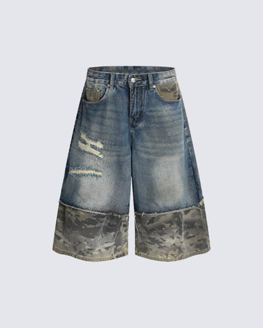 New Washed Black Camo Patchwork Shorts