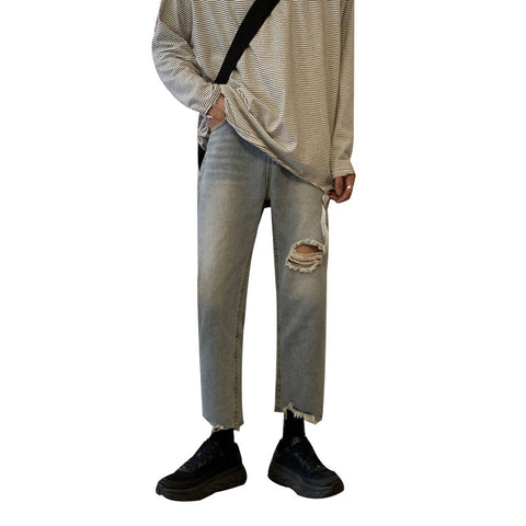 Men Jeans Spring and Summer Men's Ripped Jeans Wide-Leg Straight Pants