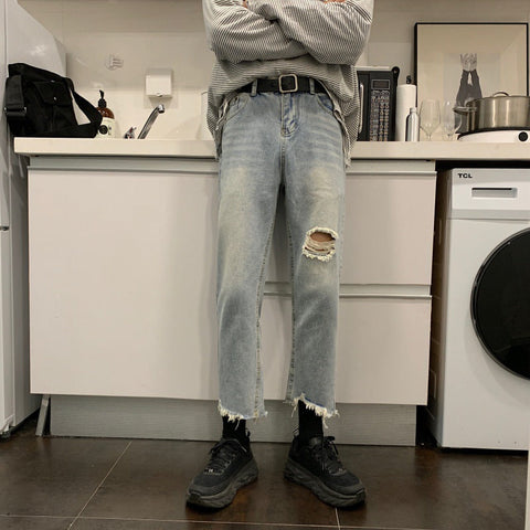 Men Jeans Spring/Summer Ripped Jeans Baggy Straight Trousers