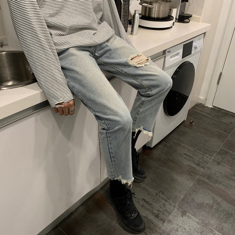Men Jeans Spring/Summer Ripped Jeans Baggy Straight Trousers