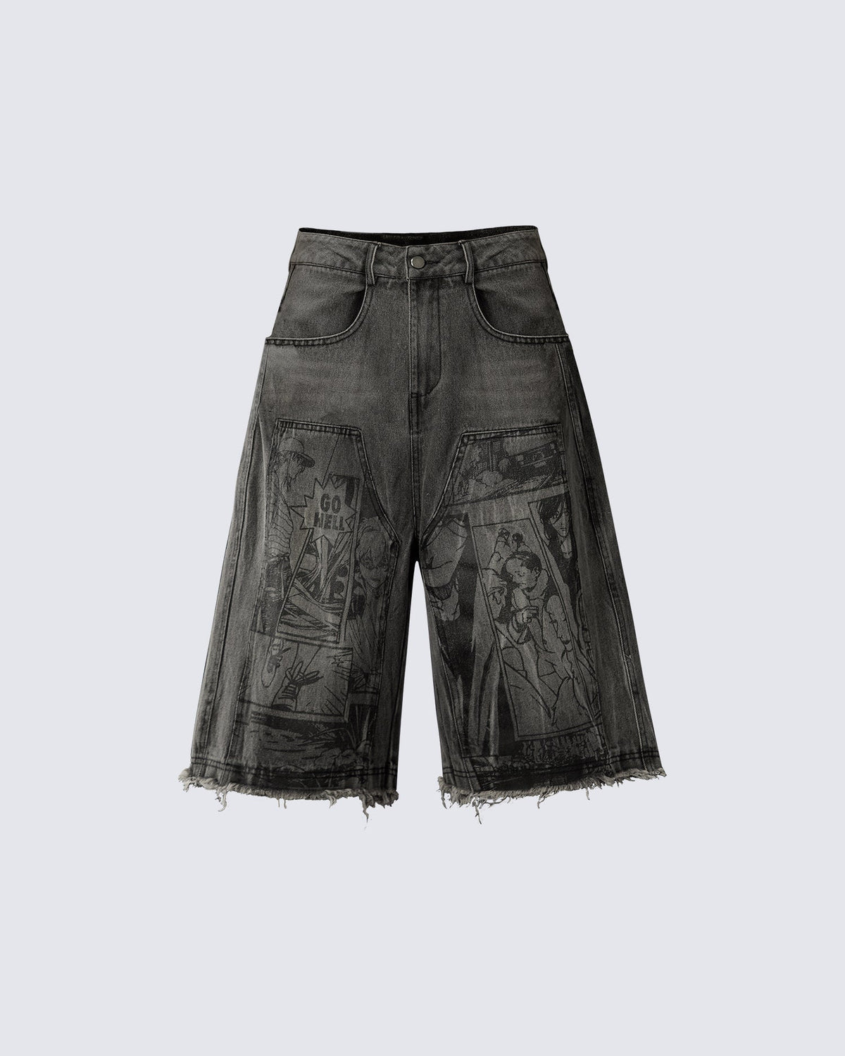Vintage Graphic Washed Five-Length Denim Shorts