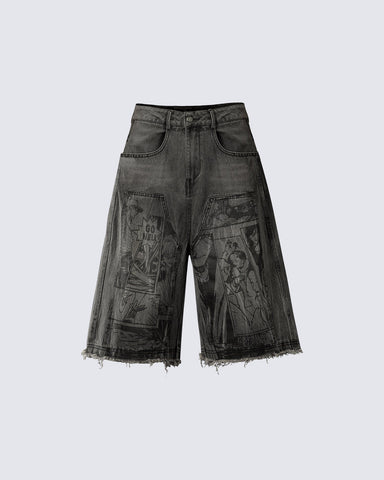 Vintage Graphic Washed Five-Length Denim Shorts