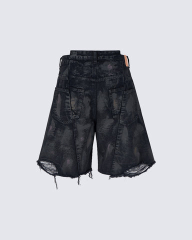 Distressed Crinkled Irregular Knee-Length Denim Shorts