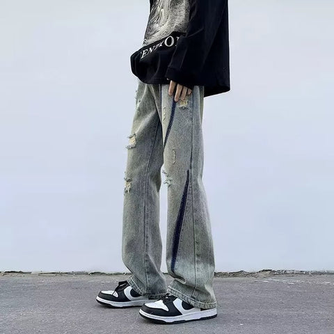Men Jeans Ripped Jeans Summer Washed Distressed Wide-Leg Straight Pants