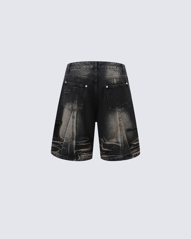 Vintage Washed Panel Stitch Denim Shorts