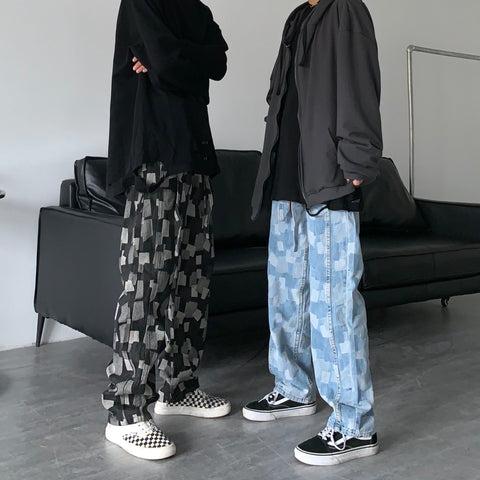 Men Jeans Straight Wide-Leg Pants Casual Loose Hip Hop Washed Denim Trousers