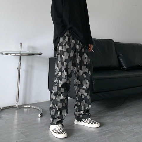 Men Jeans Straight Wide-Leg Pants Casual Loose Hip Hop Washed Denim Trousers