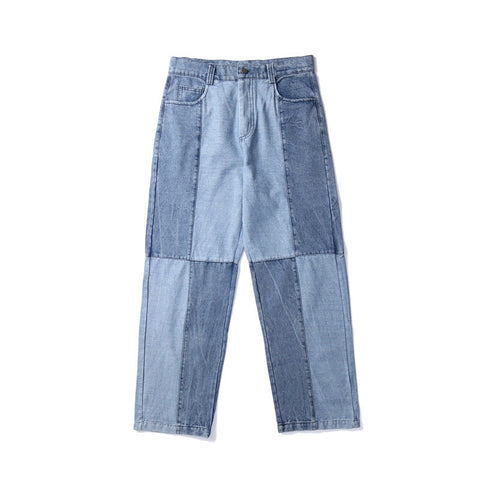 Men Jeans Washed Old Baggy Straight Trousers Contrast Color Tie-Dye Denim Trousers