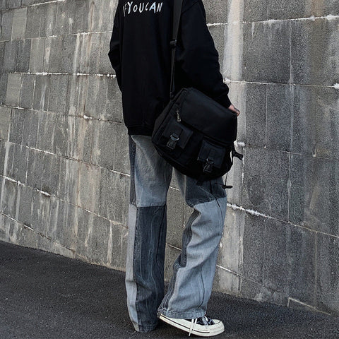 Men Jeans Washed Old Baggy Straight Trousers Contrast Color Tie-Dye Denim Trousers
