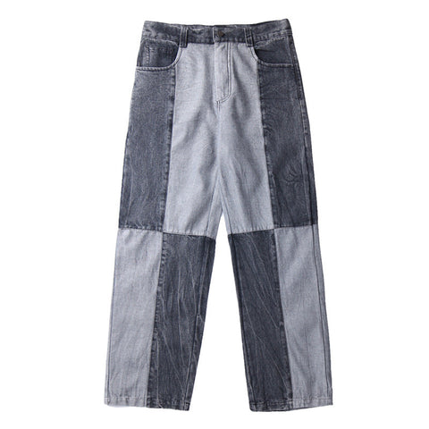 Men Jeans Washed Old Baggy Straight Trousers Contrast Color Tie-Dye Denim Trousers