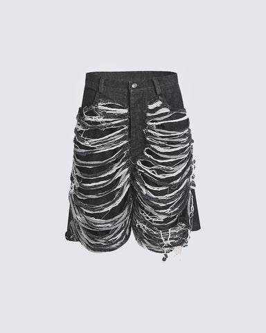 High-Street Knife-Cut Distressed Denim Shorts