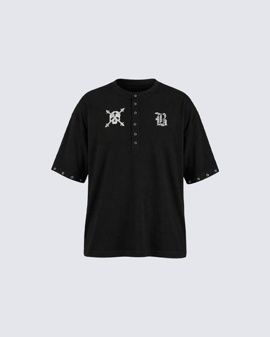 Dark Gothic Skull Print Henley Short Tee New
