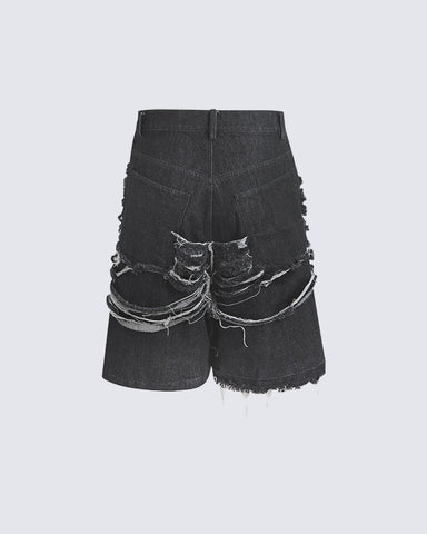 High-Street Knife-Cut Distressed Denim Shorts