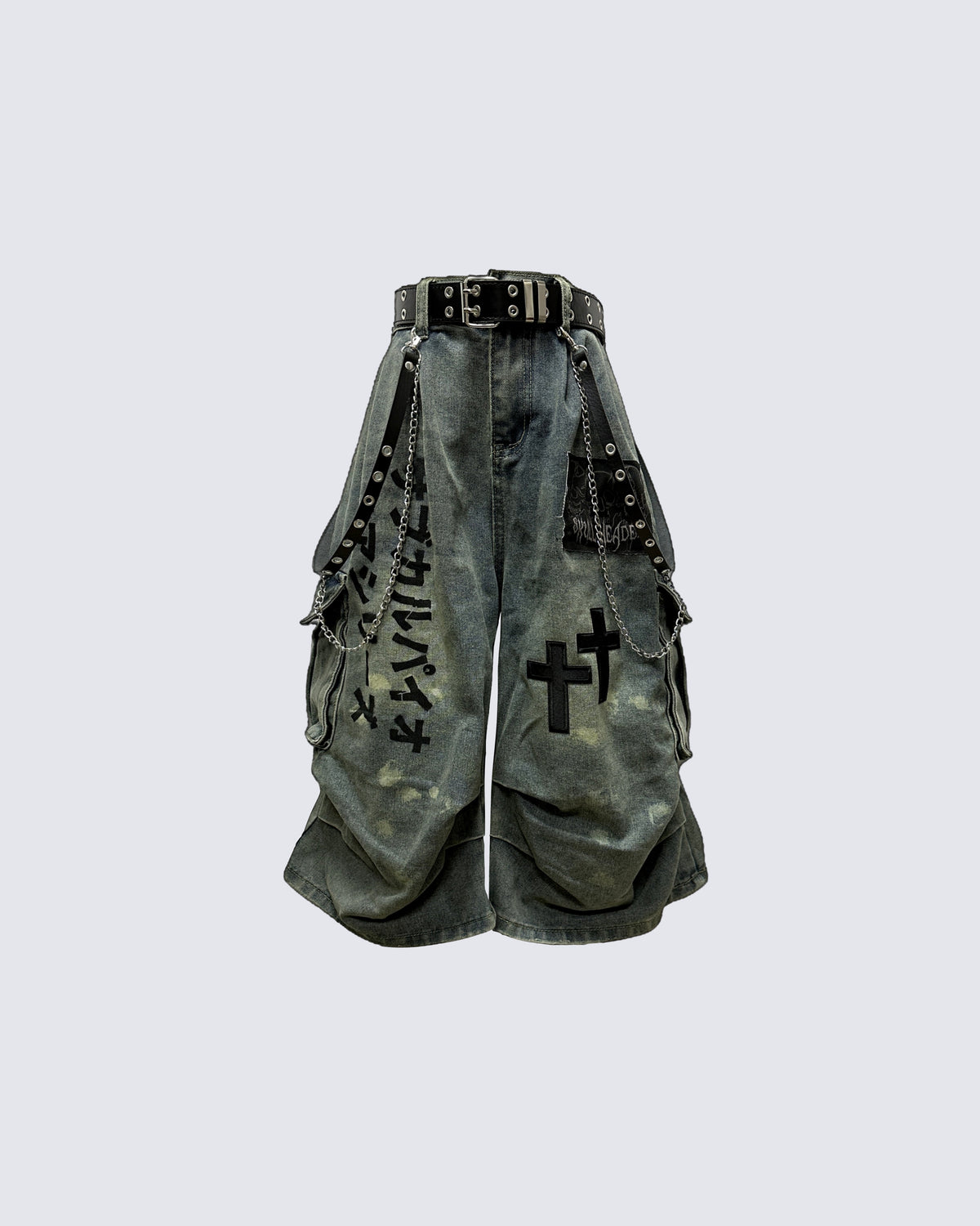 Gothic Washed Denim Shorts with Chains