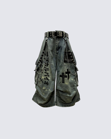 Gothic Washed Denim Shorts with Chains
