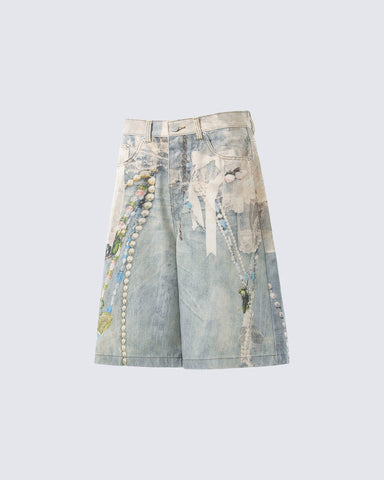 New 3D Chain Print Five-Length Denim Shorts