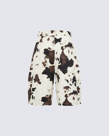 Vintage Cow Print Utility Cargo Shorts