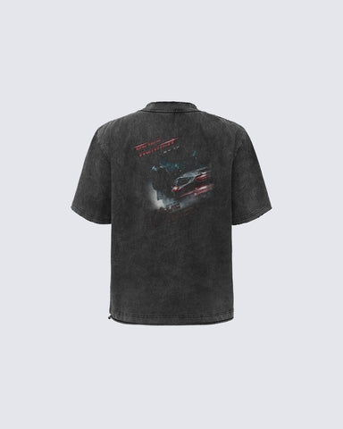 Dark Washed Futuristic Graphic Short Sleeve T-Shirt