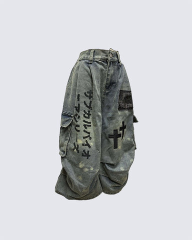 Gothic Washed Denim Shorts with Chains