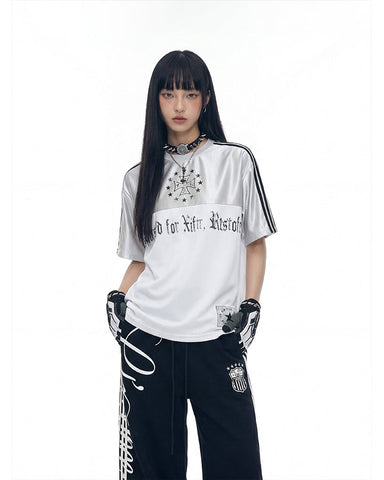 Black Gothic Letter Stripe Sport T-Shirt