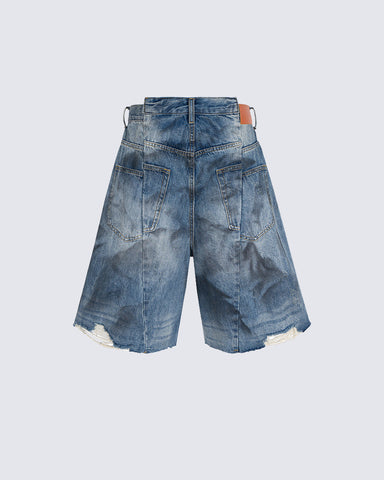 Distressed Crinkled Irregular Knee-Length Denim Shorts