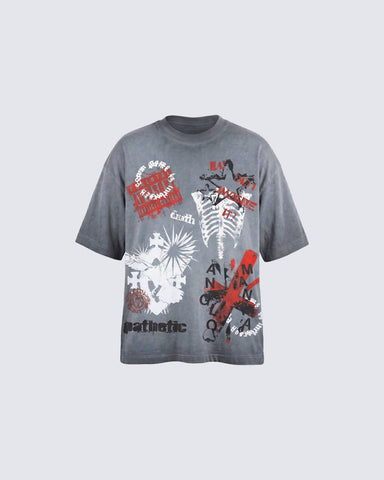 Grey Washed Graphic Print Short Sleeve T-Shirt