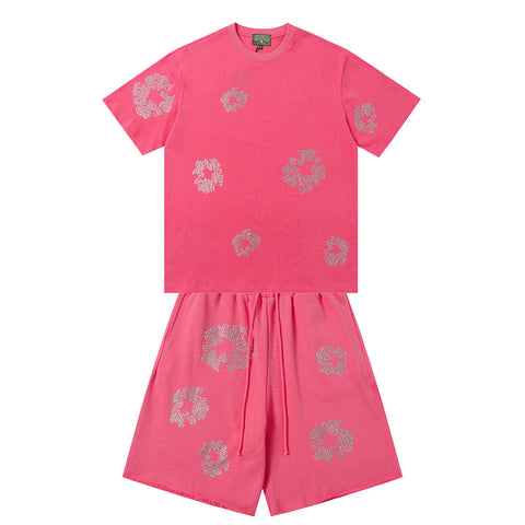Denim Tears T shirt & Shorts 2 Piece Set Rhinestones