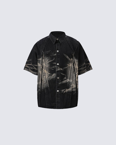 Vintage Washed Shadow Print Short Sleeve Shirt