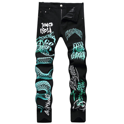 Mens Fashion Jeans Green Snake Street Graffiti 5705#