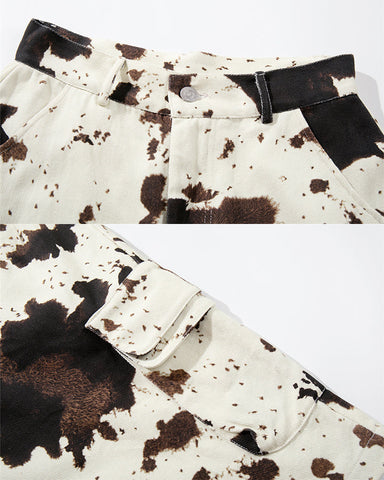 Vintage Cow Print Utility Cargo Shorts