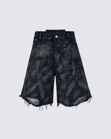 Distressed Crinkled Irregular Knee-Length Denim Shorts