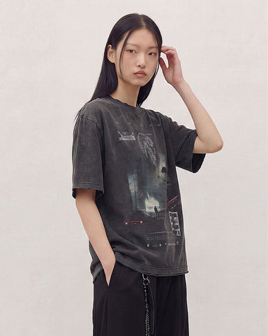Dark Washed Futuristic Graphic Short Sleeve T-Shirt