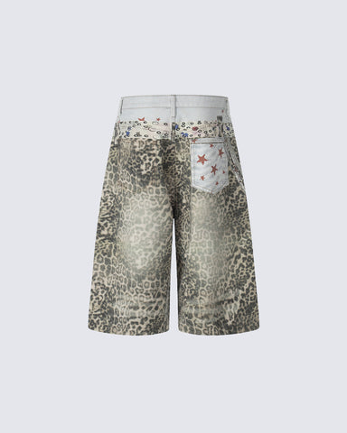 Leopard Print Chain Seven-Length Denim Pants