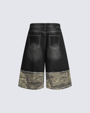 New Washed Black Camo Patchwork Shorts