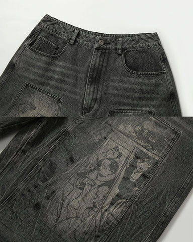 Vintage Graphic Washed Five-Length Denim Shorts