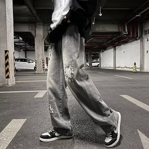 Men Jeans Oldschool Ripped Jeans Men's Summer Loose Straight P Pants